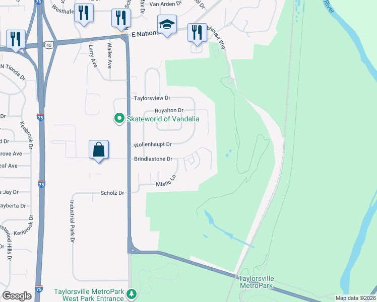 map of restaurants, bars, coffee shops, grocery stores, and more near 1098 Wollenhaupt Drive in Vandalia