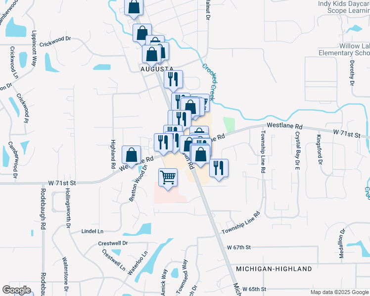map of restaurants, bars, coffee shops, grocery stores, and more near Michigan Rd & W 71st St in Indianapolis