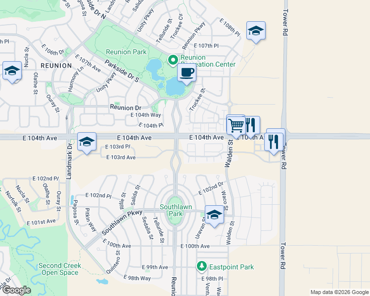 map of restaurants, bars, coffee shops, grocery stores, and more near 17707 East 103rd Avenue in Commerce City