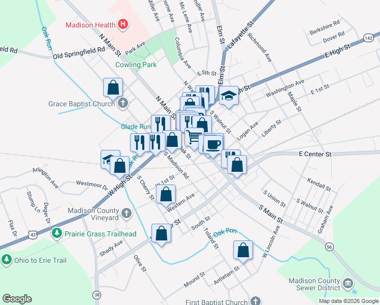 map of restaurants, bars, coffee shops, grocery stores, and more near 56 South Oak Street in London