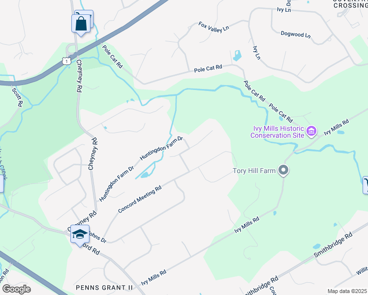 map of restaurants, bars, coffee shops, grocery stores, and more near 59 Huntingdon Farm Drive in Glen Mills