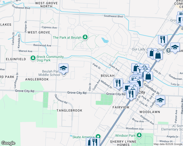 map of restaurants, bars, coffee shops, grocery stores, and more near 3708 Midland Street in Grove City