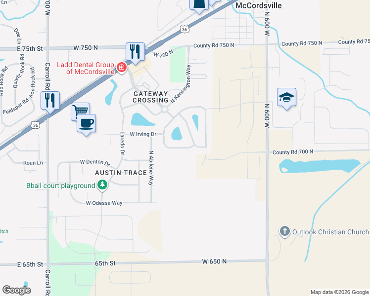 map of restaurants, bars, coffee shops, grocery stores, and more near 6376 West Oxford Lane in McCordsville