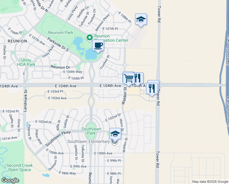 map of restaurants, bars, coffee shops, grocery stores, and more near 17858 East 103rd Avenue in Commerce City