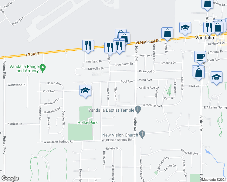 map of restaurants, bars, coffee shops, grocery stores, and more near 525 Thoma Place in Vandalia