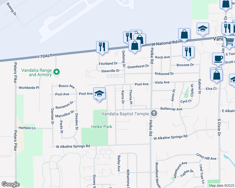 map of restaurants, bars, coffee shops, grocery stores, and more near 525 Karns Drive in Vandalia