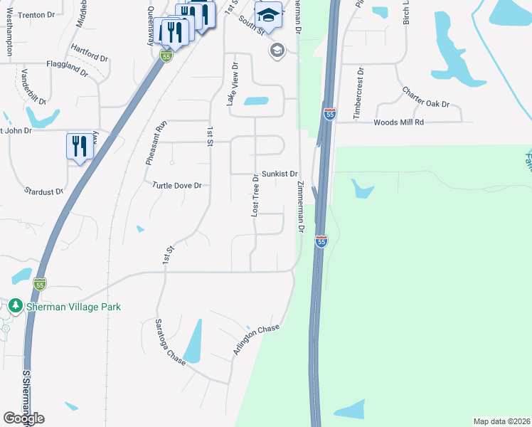 map of restaurants, bars, coffee shops, grocery stores, and more near Parkview Drive in Sherman