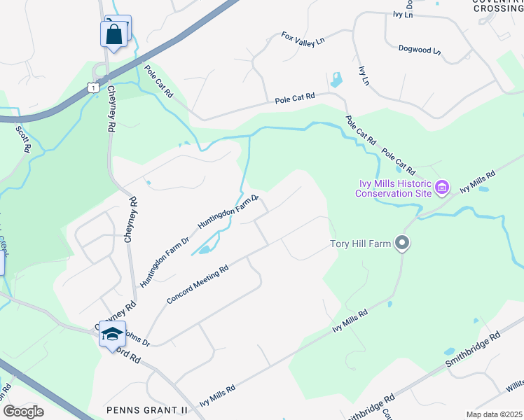 map of restaurants, bars, coffee shops, grocery stores, and more near 59 Huntingdon Farm Drive in Glen Mills