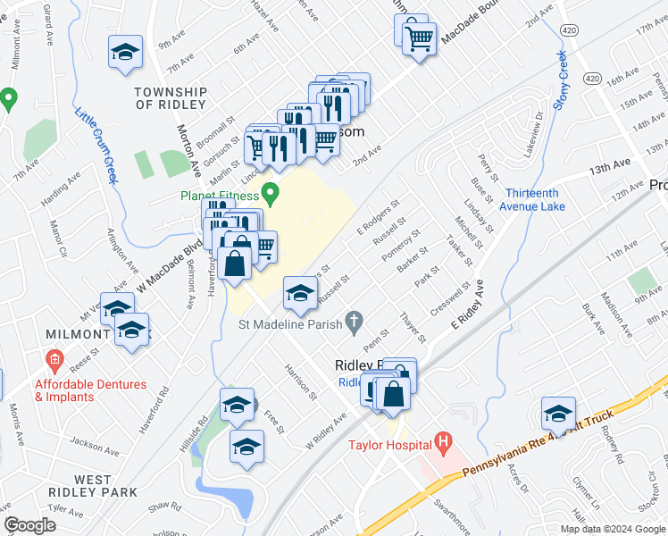 map of restaurants, bars, coffee shops, grocery stores, and more near 204 East Rodgers Street in Ridley Park