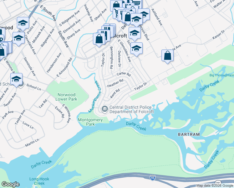 map of restaurants, bars, coffee shops, grocery stores, and more near 2073 Kent Road in Folcroft