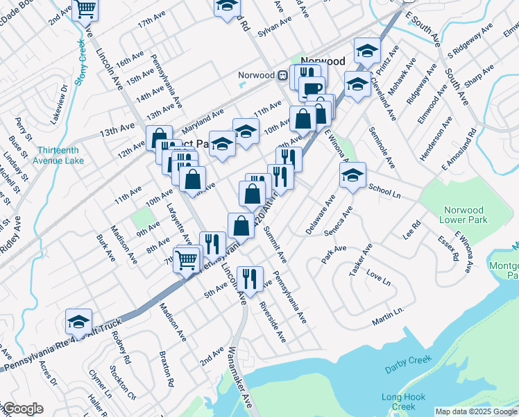 map of restaurants, bars, coffee shops, grocery stores, and more near 652 Chester Pike in Norwood
