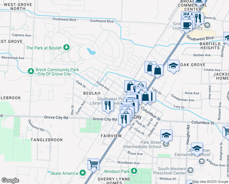 map of restaurants, bars, coffee shops, grocery stores, and more near 3498 Grant Avenue in Grove City