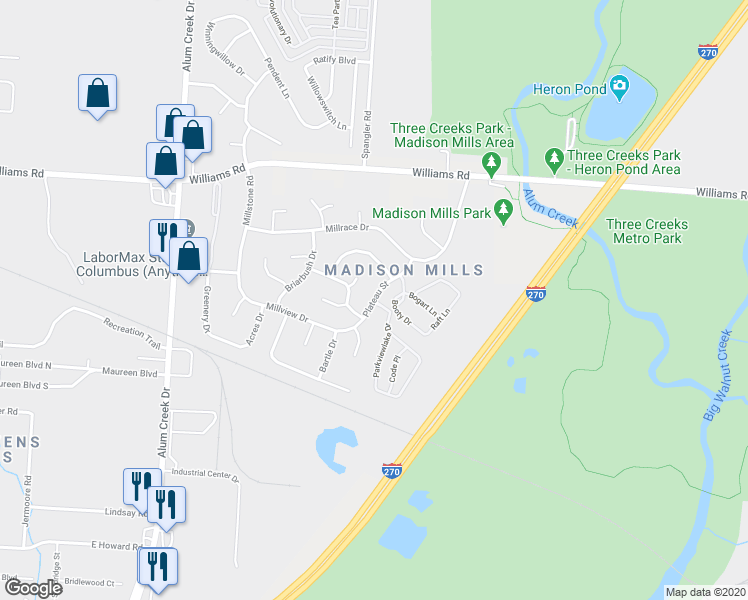 map of restaurants, bars, coffee shops, grocery stores, and more near Plateau St & Parkviewlake Dr in Columbus
