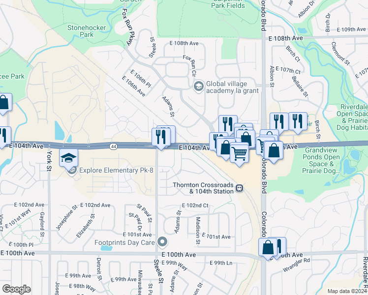 map of restaurants, bars, coffee shops, grocery stores, and more near 3226 East 104th Avenue in Denver