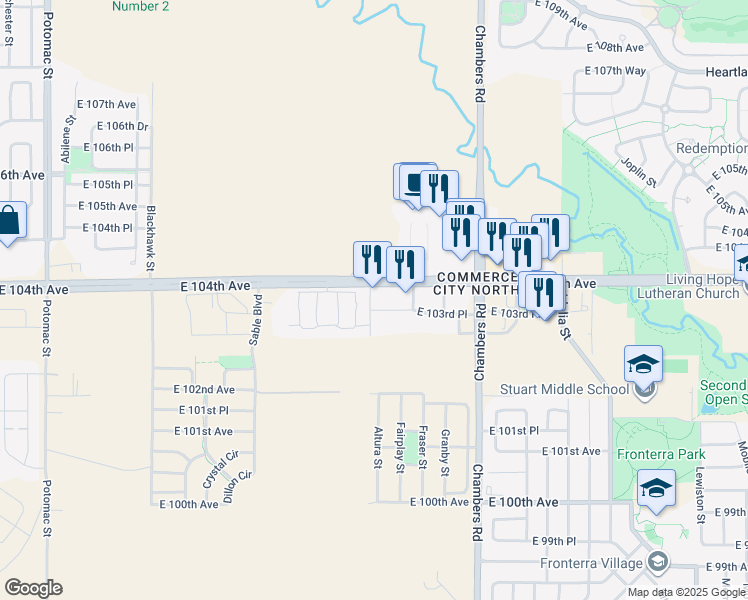 map of restaurants, bars, coffee shops, grocery stores, and more near 14950 East 104th Avenue in Commerce City