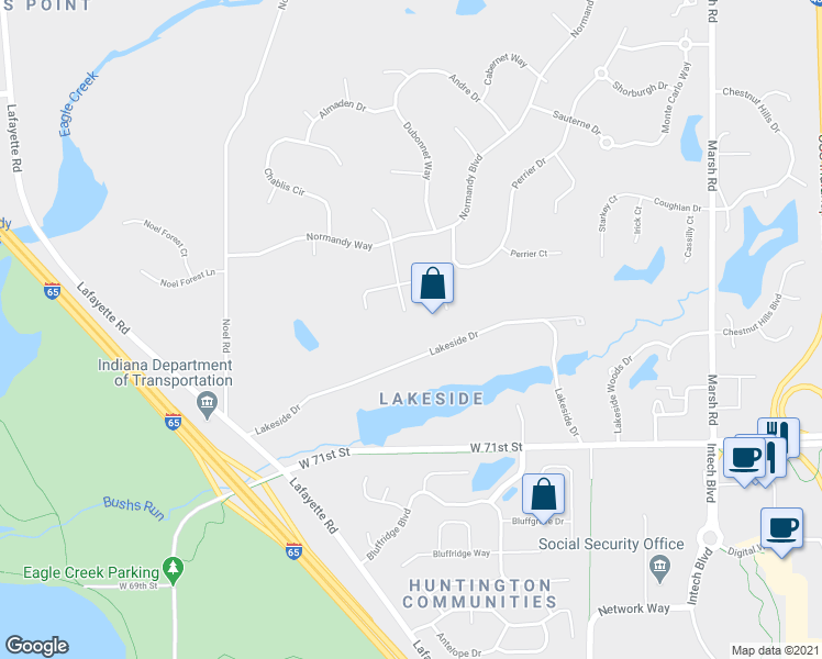 map of restaurants, bars, coffee shops, grocery stores, and more near 7286 Lakeside Drive in Indianapolis