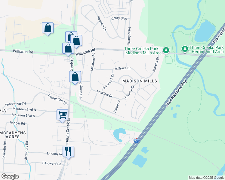 map of restaurants, bars, coffee shops, grocery stores, and more near 2653 Buckwheat Court in Columbus