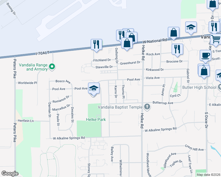 map of restaurants, bars, coffee shops, grocery stores, and more near 532 Bright Avenue in Vandalia