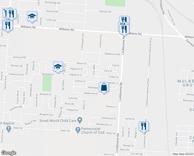 map of restaurants, bars, coffee shops, grocery stores, and more near 3939 Dupler Lane in Columbus