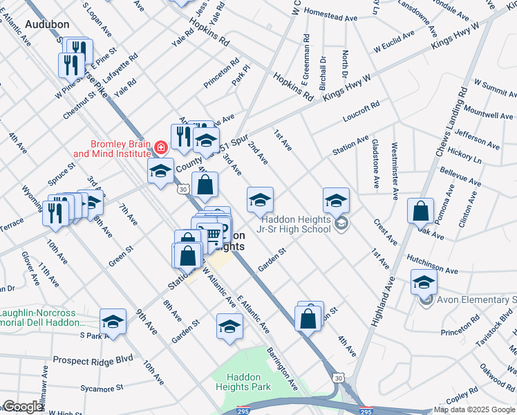 map of restaurants, bars, coffee shops, grocery stores, and more near 301 Station Avenue in Haddon Heights