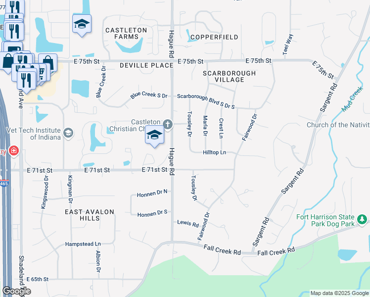 map of restaurants, bars, coffee shops, grocery stores, and more near 7155 Hague Road in Indianapolis