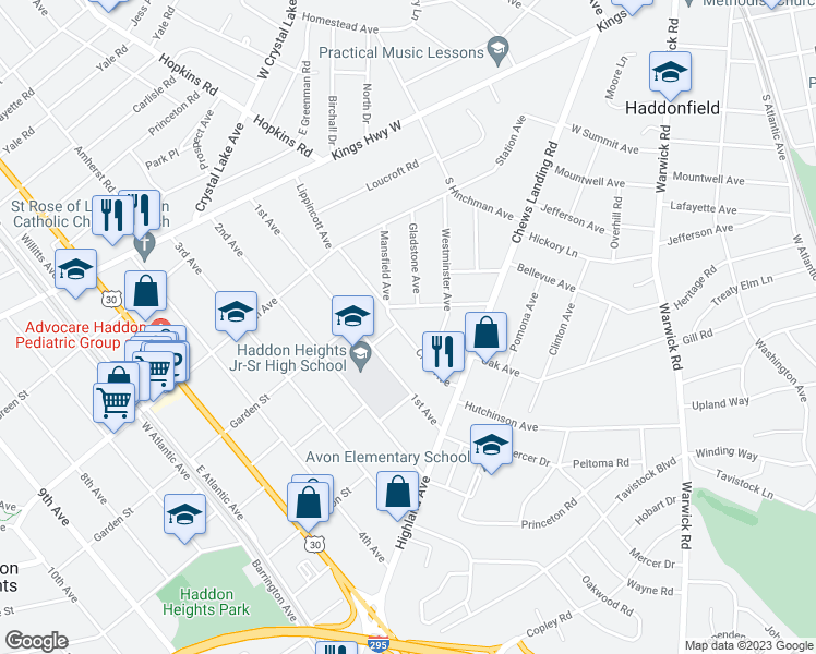 map of restaurants, bars, coffee shops, grocery stores, and more near 303 Crest Avenue in Haddon Heights