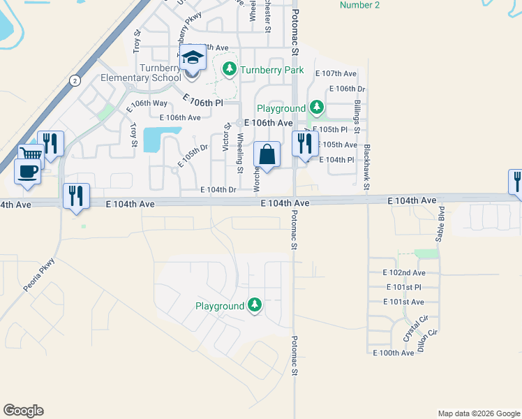 map of restaurants, bars, coffee shops, grocery stores, and more near 13498 East 104th Drive in Commerce City