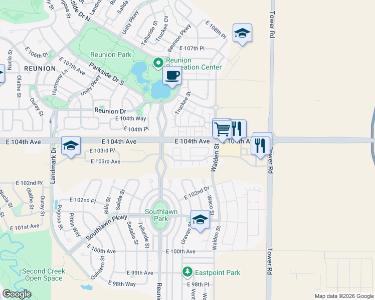 map of restaurants, bars, coffee shops, grocery stores, and more near 17714-17954 East 104th Avenue in Commerce City