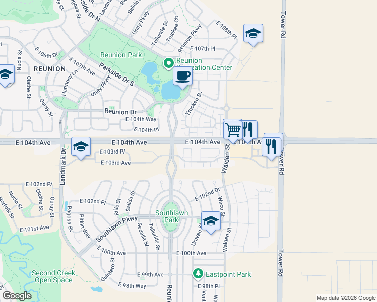 map of restaurants, bars, coffee shops, grocery stores, and more near 17714-17954 East 104th Avenue in Commerce City