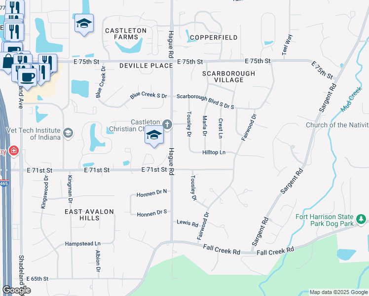 map of restaurants, bars, coffee shops, grocery stores, and more near 7155 Hague Road in Indianapolis