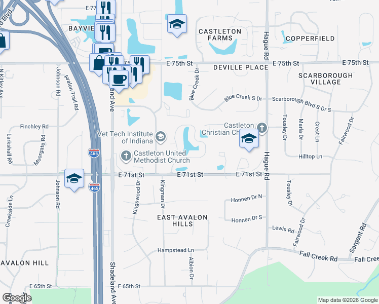 map of restaurants, bars, coffee shops, grocery stores, and more near 7175 Jessman Road West in Indianapolis