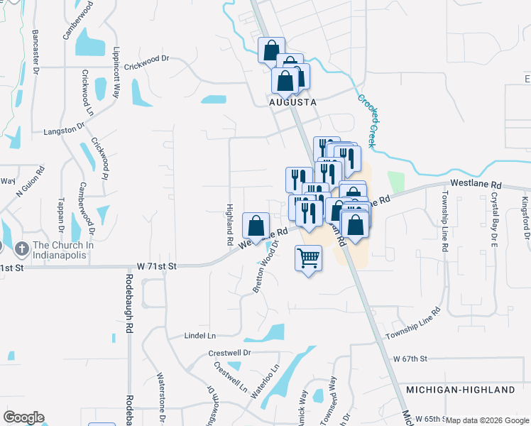 map of restaurants, bars, coffee shops, grocery stores, and more near 3002 West 71st Street in Indianapolis