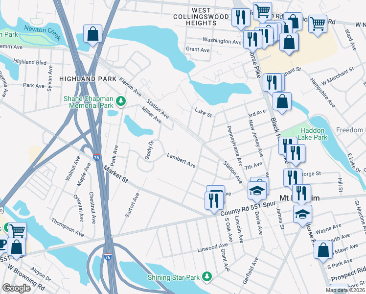 map of restaurants, bars, coffee shops, grocery stores, and more near 11 Park Circle in Mount Ephraim