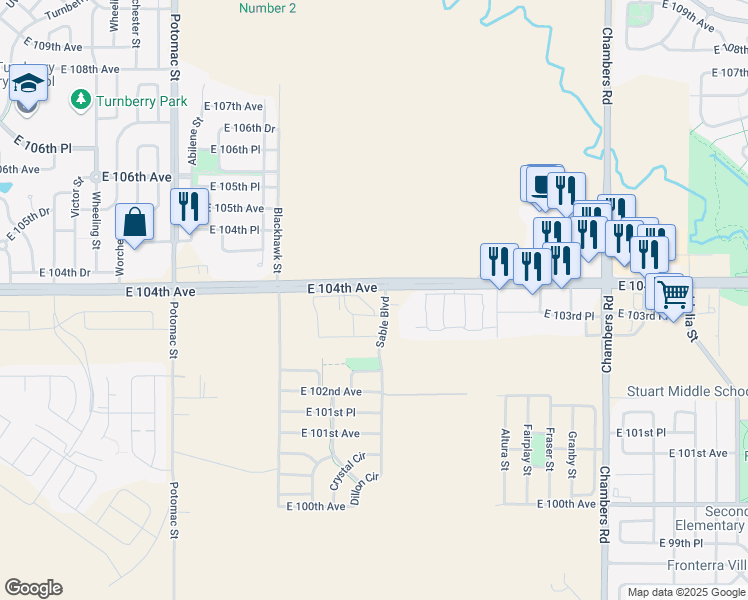 map of restaurants, bars, coffee shops, grocery stores, and more near 14480 East 104th Avenue in Commerce City