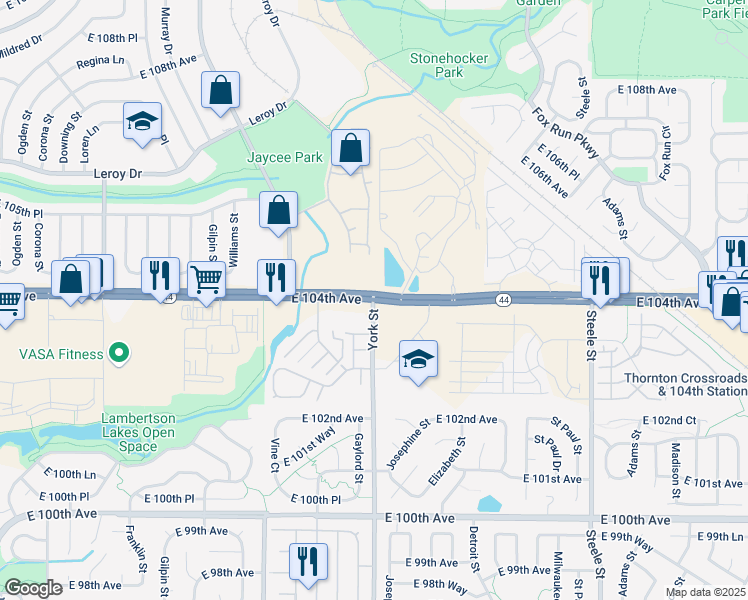 map of restaurants, bars, coffee shops, grocery stores, and more near East 104th Avenue & York Street in Thornton