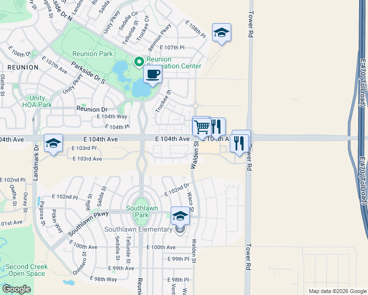 map of restaurants, bars, coffee shops, grocery stores, and more near 17858 East 103rd Avenue in Commerce City