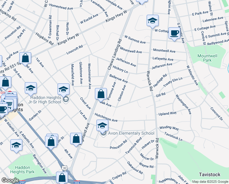 map of restaurants, bars, coffee shops, grocery stores, and more near 641 Pomona Avenue in Haddonfield