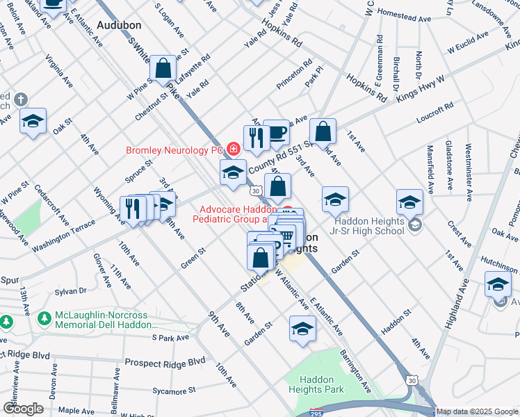 map of restaurants, bars, coffee shops, grocery stores, and more near 100 North White Horse Pike in Haddon Heights