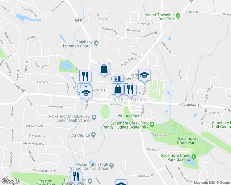 map of restaurants, bars, coffee shops, grocery stores, and more near 55 West Church Street in Pickerington