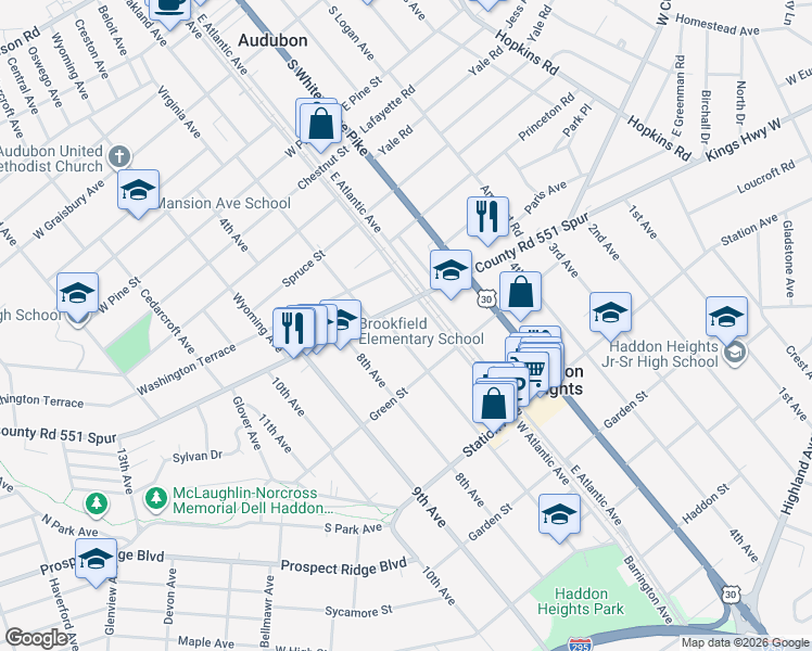 map of restaurants, bars, coffee shops, grocery stores, and more near 9 7th Avenue in Haddon Heights