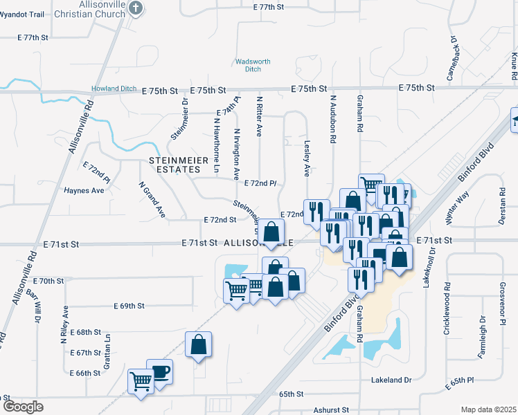 map of restaurants, bars, coffee shops, grocery stores, and more near 7145 Steinmeier Court in Indianapolis