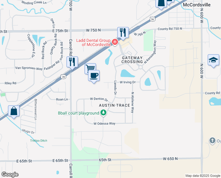 map of restaurants, bars, coffee shops, grocery stores, and more near 7045 North Mesquite Court in McCordsville