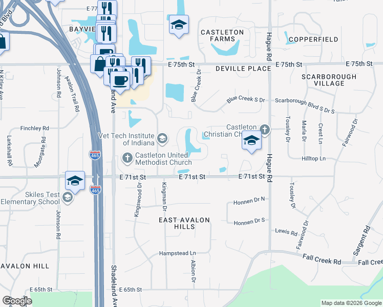 map of restaurants, bars, coffee shops, grocery stores, and more near 7175 Jessman Road West in Indianapolis
