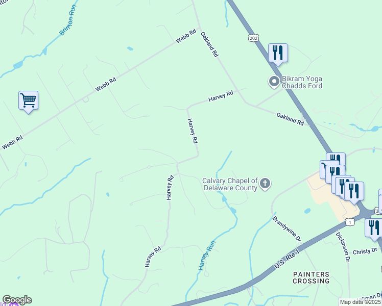map of restaurants, bars, coffee shops, grocery stores, and more near 158 Harvey Road in West Chester