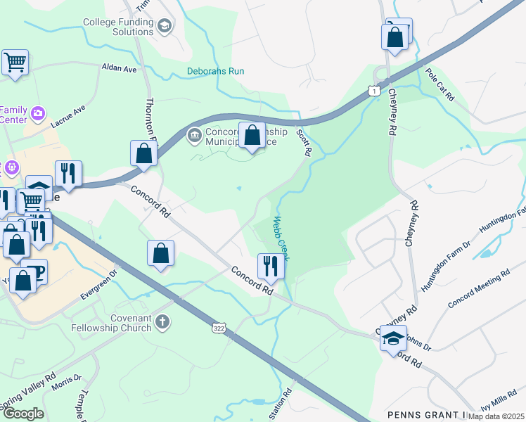 map of restaurants, bars, coffee shops, grocery stores, and more near 41 Scott Road in Glen Mills