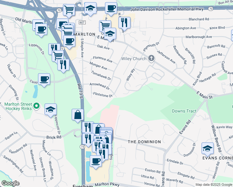 map of restaurants, bars, coffee shops, grocery stores, and more near 20 Flintstone Drive in Evesham