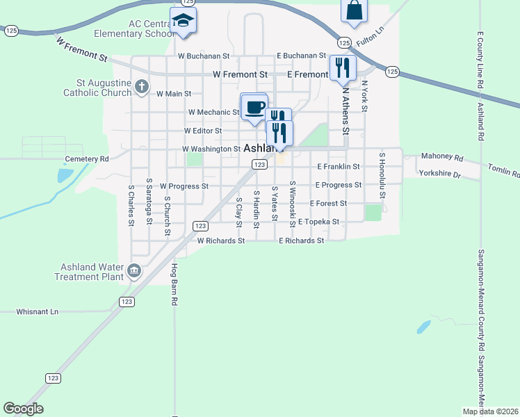map of restaurants, bars, coffee shops, grocery stores, and more near 101-105 W Forrest St in Ashland
