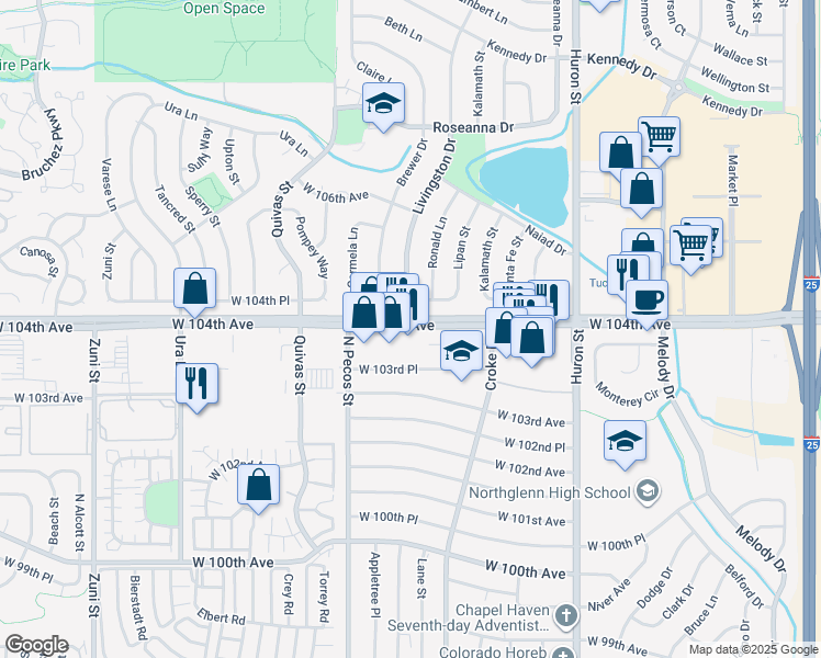 map of restaurants, bars, coffee shops, grocery stores, and more near 1324 West 104th Avenue in Northglenn