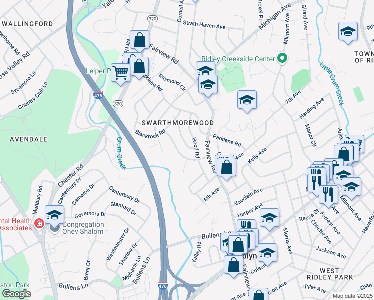 map of restaurants, bars, coffee shops, grocery stores, and more near 1410 Greenway Road in Swarthmore