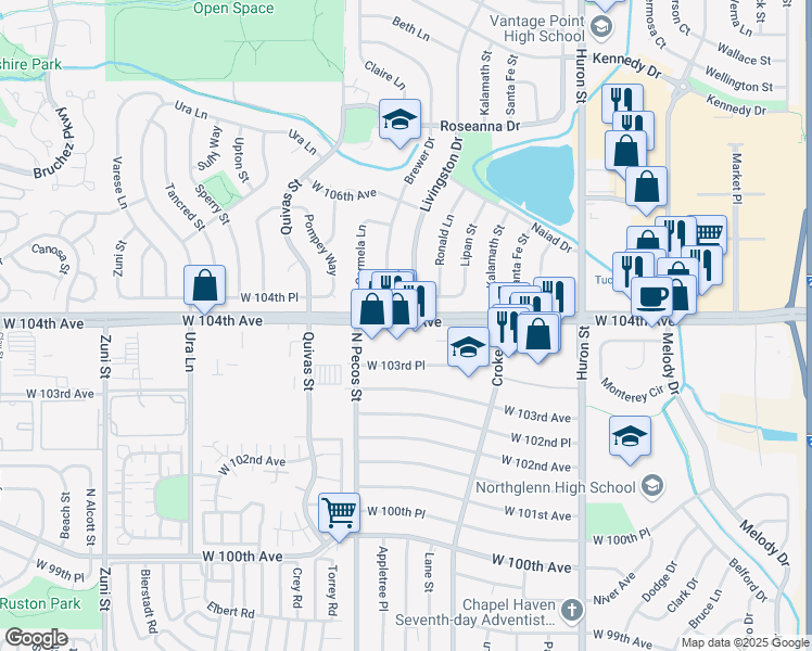 map of restaurants, bars, coffee shops, grocery stores, and more near 1390 West 104th Avenue in Denver
